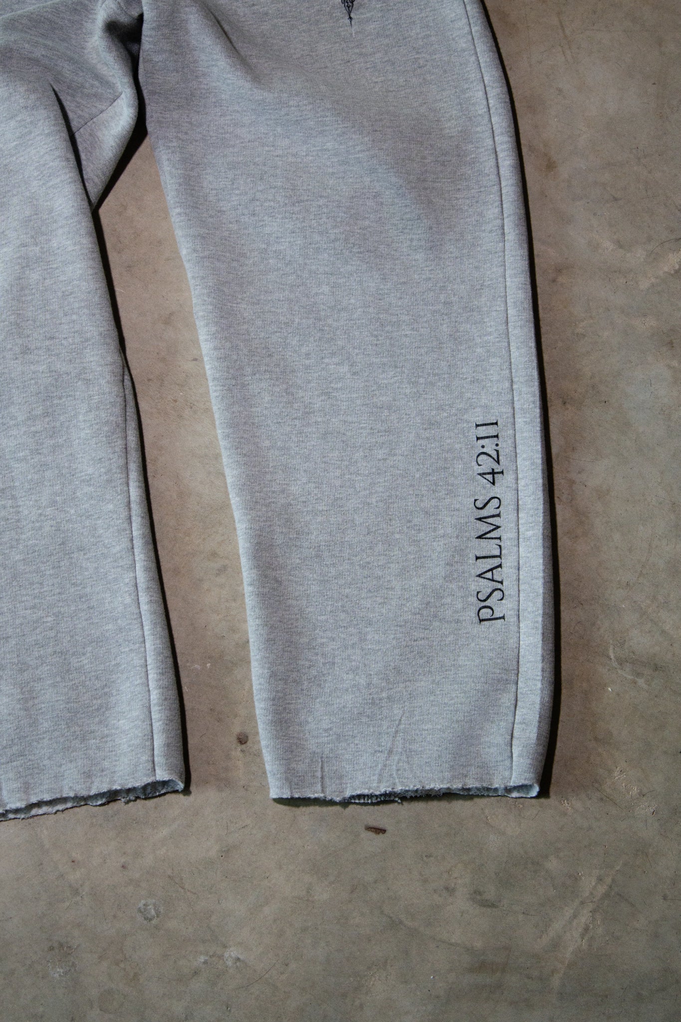 Gray fabric with 'PSALMS 42:11' text on a brown surface